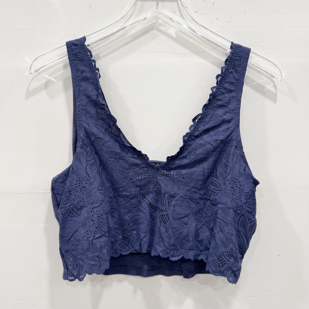 Aerie Lace Cropped Tank Top V-Neck Ribbed Back XL Navy Blue